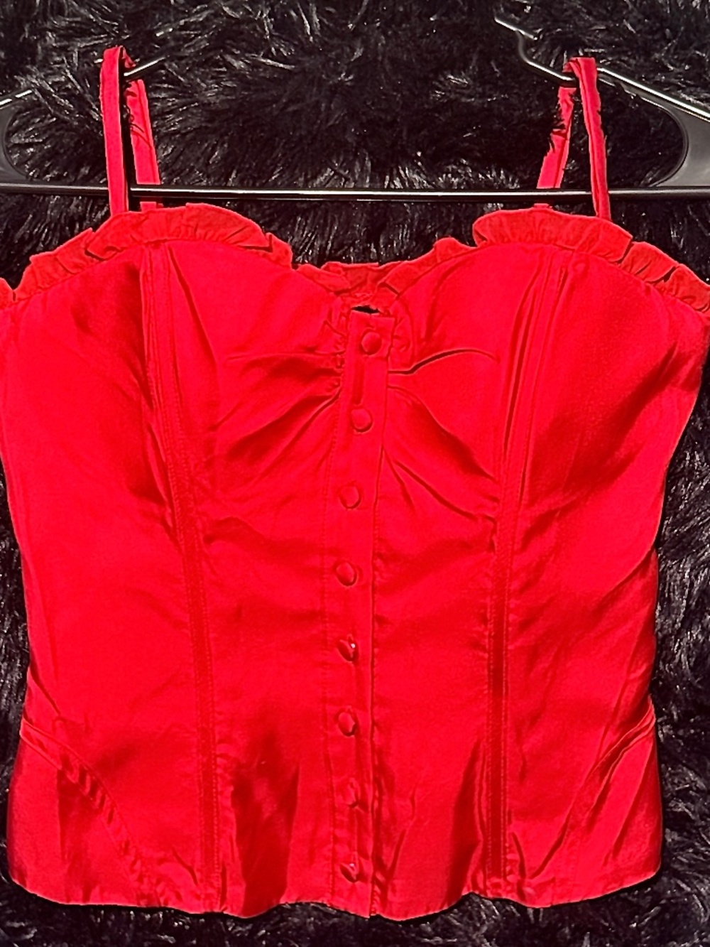 Y2K Bebe Red 100% Silk Corset with Delicate Lace Edging Around the Top (Size XS)
